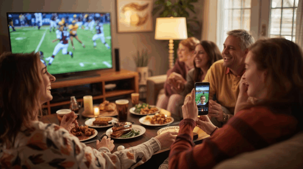 Family gathered around the table on Thanksgiving, watching football and video chatting with loved ones using fast broadband.