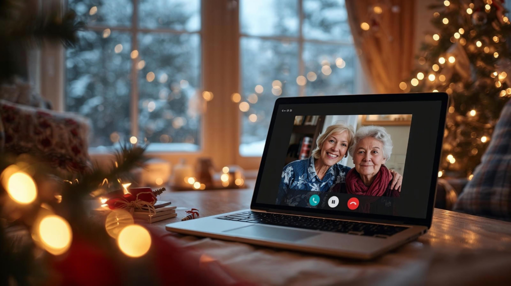 Laptop on a cozy Christmas table during a video call with family, holiday lights glowing in the background