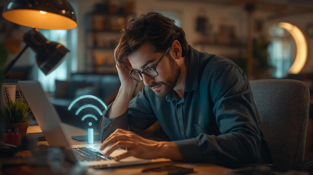 Small business owner checking a Wi-Fi router and laptop speed test in a cozy office, representing reliable local business internet.