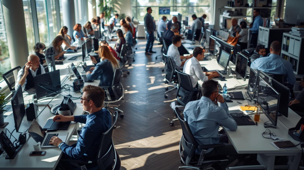 20-person business office with employees using computers, phones, and cloud-based tools in a modern workspace